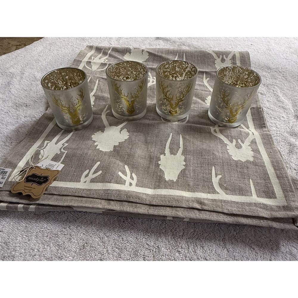 Mud Pie Deer Table Runner & 4 Frosted Mercury Glass Stag Votive Holders NWT